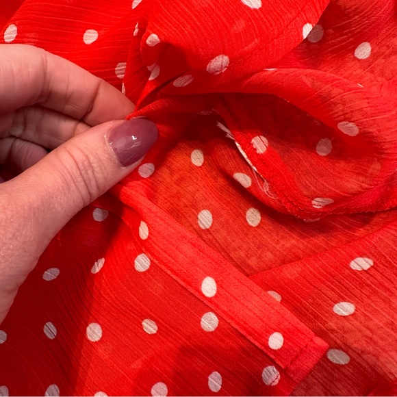 Bongo Red Orange Polka Dot Sheer Cold Shoulder Long Sleeve Button-Up Blouse Top - Picture 7 of 7